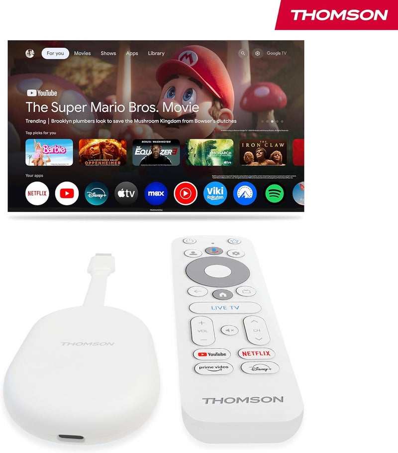 طومسون Thomson Go Cast 152 دونجل البث، 4K UHD Google TV، التحكم الصوتي، Google Cast، Dolby Atmos، Dolby Digital+، HDR10، محمول، 2GB RAM، 32GB تخزين - أبيض - Image 5