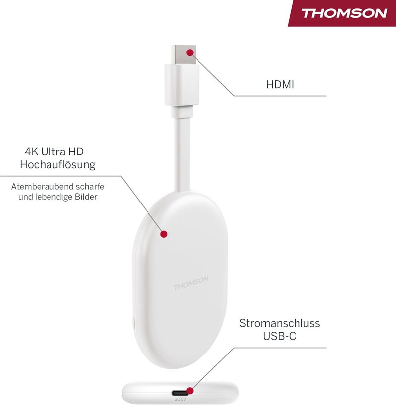 طومسون Thomson Go Cast 152 دونجل البث، 4K UHD Google TV، التحكم الصوتي، Google Cast، Dolby Atmos، Dolby Digital+، HDR10، محمول، 2GB RAM، 32GB تخزين - أبيض - Image 3