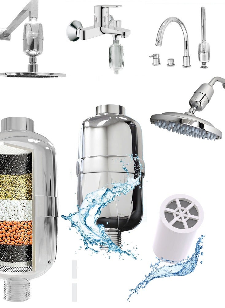 فلتر دش للمياه العسيرة، فلتر مياه الدش، فلتر رأس دش عالي الإنتاجية، يأتي مع خرطوشة فلتر قابلة للاستبدال: يزيل الكلور والفلورايد والمعادن الثقيلة، نظام ترشيح منعم للبشرة الجافة والشعر وقشرة الرأس