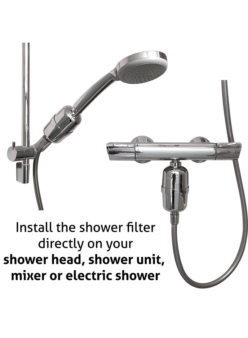 فلتر دش للمياه العسيرة، فلتر مياه الدش، فلتر رأس دش عالي الإنتاجية، يأتي مع خرطوشة فلتر قابلة للاستبدال: يزيل الكلور والفلورايد والمعادن الثقيلة، نظام ترشيح منعم للبشرة الجافة والشعر وقشرة الرأس