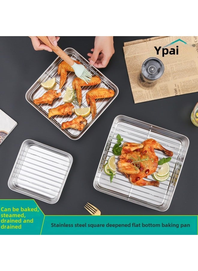 304 Stainless Steel Deepened Baking Tray Japanese Flat Bottom Hotel Tray Square Drain Tray With Lid Preservation Box-Specifications:430# Single Disc 15*15*5.0CM Net Rack - Image 2
