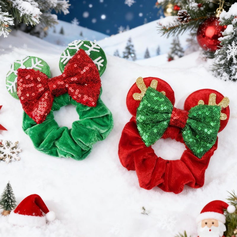 CellElection 2 Pack Mouse Ears Christmas Scrunchies Sequin Mouse Bows Velvet Hair Scrunchies Hair Ties Elastic Rubber Bands Ponytail Holders for Kids Women Girls Christmas - Image 2