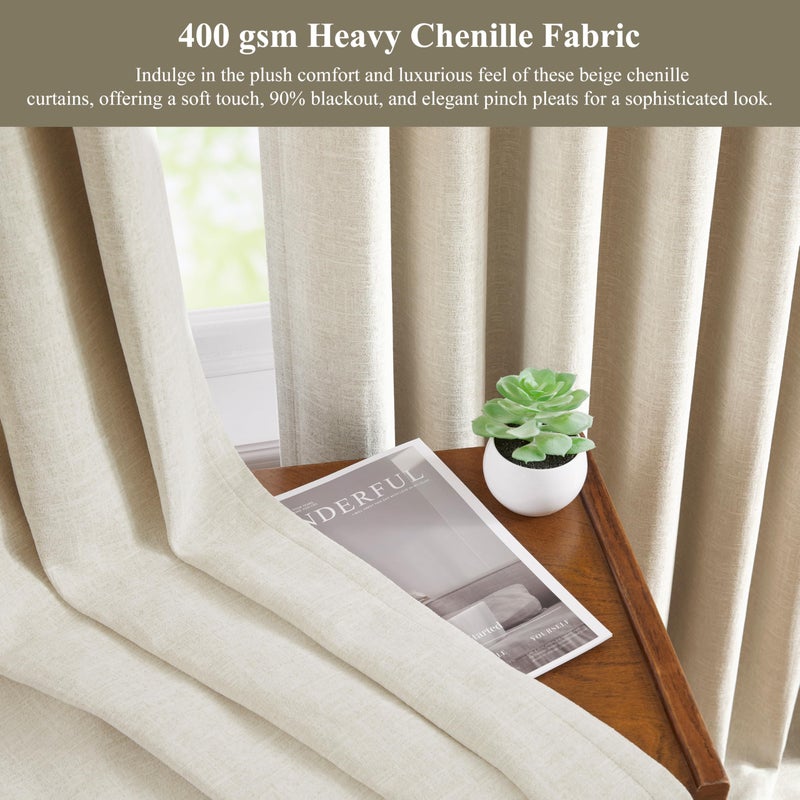 WEST LAKE Chenille French Pleated 90% Blackout Window Curtain Panels 90 Inches Length,Beige Triple Weave Heavy Light Blocking Drapes,Neutral Modern Window Treatment,Back Tabs,40"Wx90"L,Pack of 2,Beige - Image 5