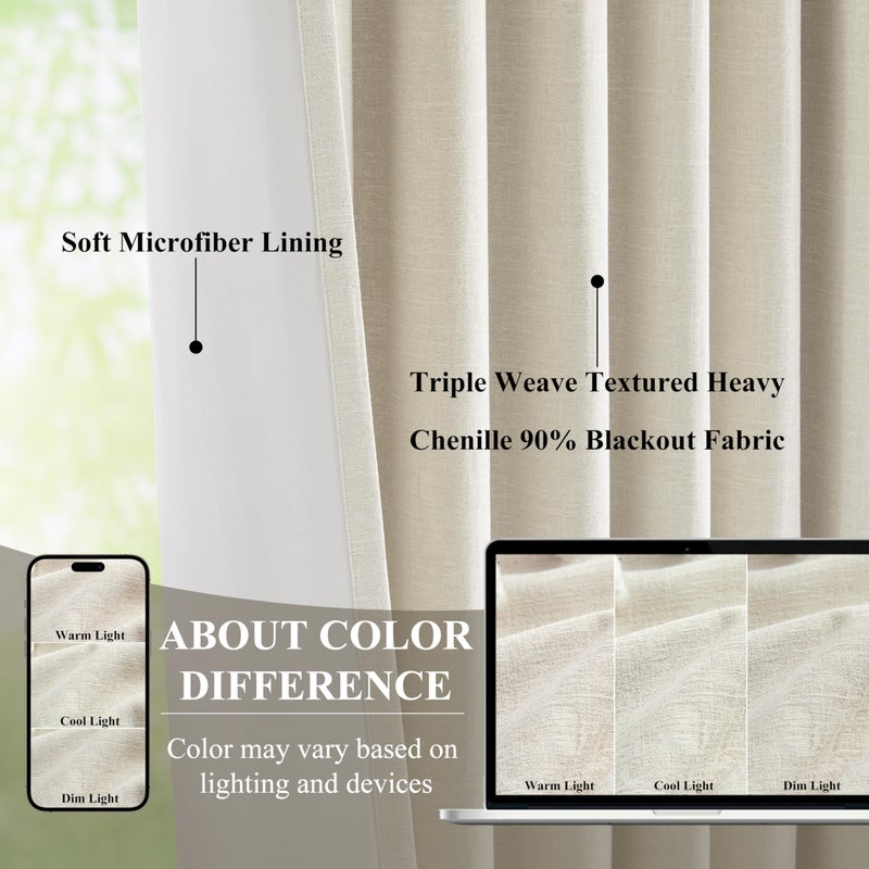 WEST LAKE Chenille French Pleated 90% Blackout Window Curtain Panels 90 Inches Length,Beige Triple Weave Heavy Light Blocking Drapes,Neutral Modern Window Treatment,Back Tabs,40"Wx90"L,Pack of 2,Beige - Image 3