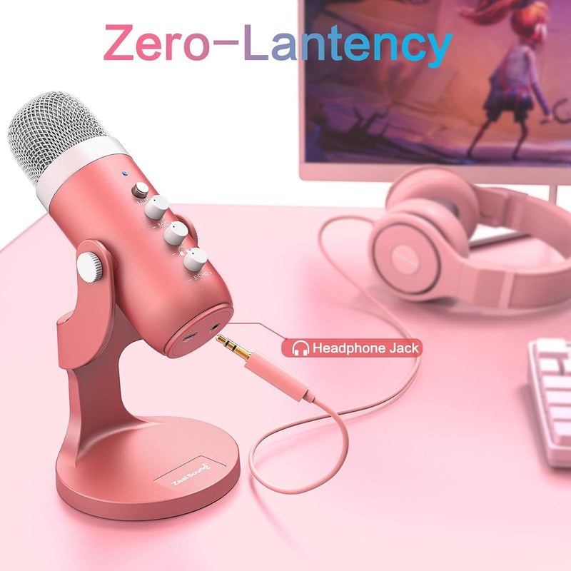 ميكروفون USB من ZealSound، ميكروفون كمبيوتر مكثف، ميكروفونات ألعاب للتوصيل والتشغيل لـ PS4 وPS5. خرج سماعة الرأس والتحكم في مستوى الصوت، التحكم في كسب الميكروفون، زر كتم الصوت، بودكاست يوتيوب على Mac وWindows وردي لؤلؤي - Image 4