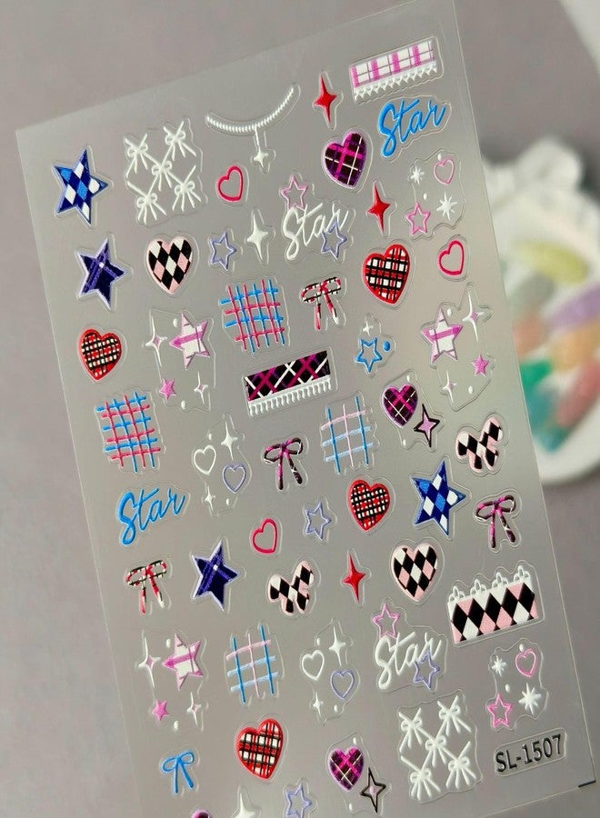 SIMAYKUWA Nail Art Stickers Y2K: 1-Sheet Colorful Plaid Star Heart Bow Shape Nail Decals Self-Adhesive Nail Design Nail Supplies Nails Accessories for Women Summer Party Vacation - Image 3