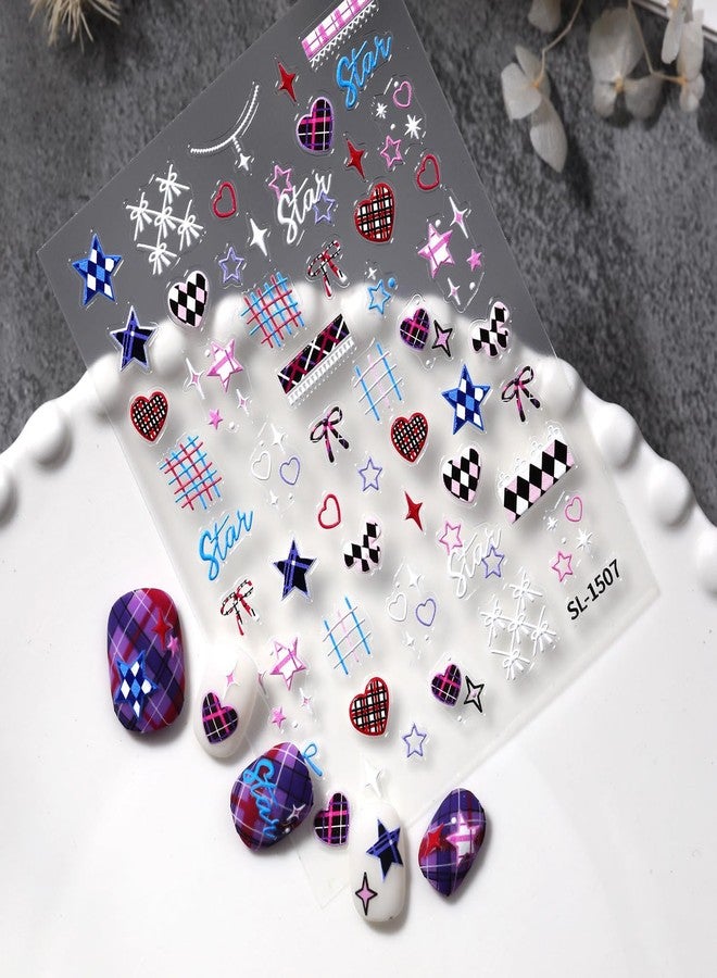SIMAYKUWA Nail Art Stickers Y2K: 1-Sheet Colorful Plaid Star Heart Bow Shape Nail Decals Self-Adhesive Nail Design Nail Supplies Nails Accessories for Women Summer Party Vacation - Image 2