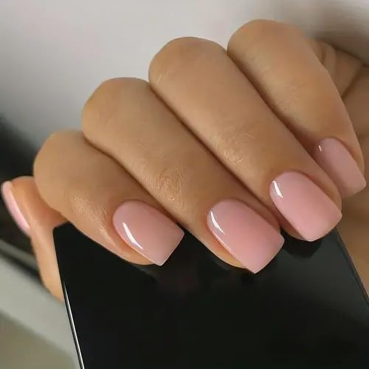 KLOSS BEAUTY KLOSS BEAUTY Nude Gloss Short Square press on nails Artificial Nails Reusable Fake Nails Set of 22 false nails Universally sized nail extensions for women Press On nails Longlasting fake nails with Glue High Gloss Finish Nude - Image 1