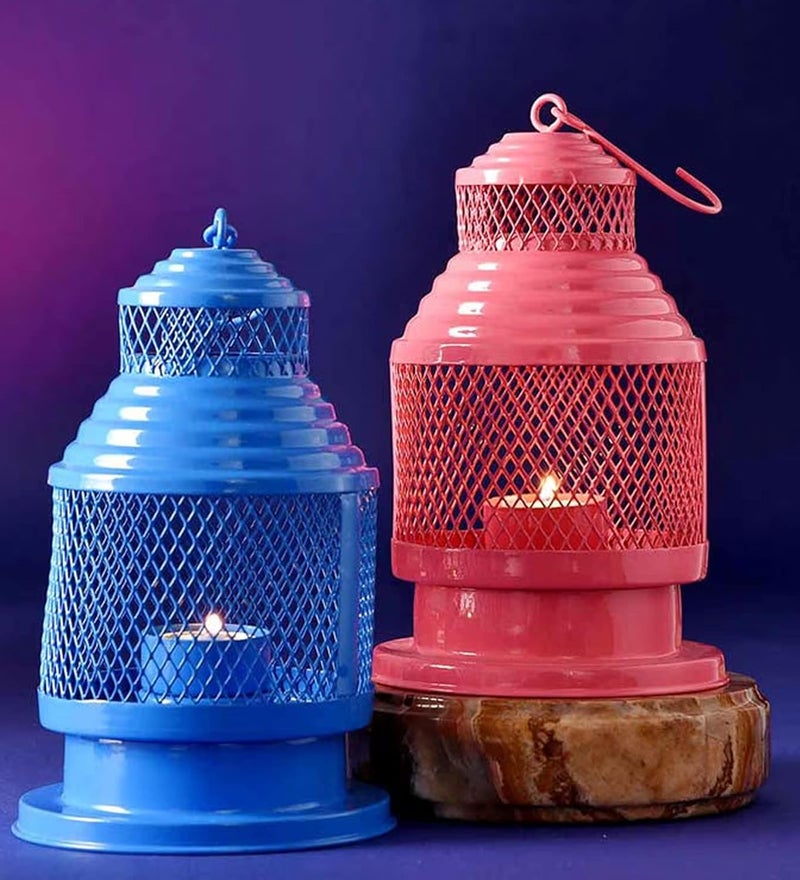 Vibrant Green Set of 2 Iron Hanging Lantern Tealight Holder Decoartion Items for Home Decor Living Room Table Top Wall Blue Red Xmas Gifts Diwali Gift - Image 1