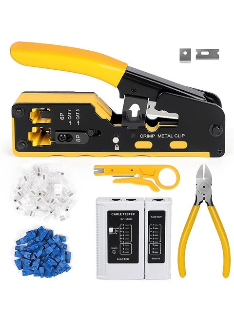 RJ45 Crimp Tool Kit, Ethernet Pass Through Crimper, Network Cat5 Cat6 Cat7 Crimping Tool Repair Kit Includes Cable Tester, Mini Stripper, Blades, 50Pcs Connectors and Strain Relief Boots