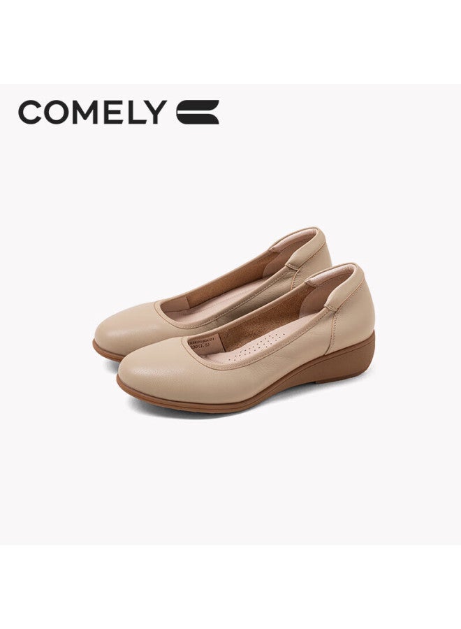 Comely Soft Cowhide Flats For Women, Spring Round Toe Comfortable Flat Shoes, Soft Sole Versatile Commuter Mom Shoes, Apricot Color, Size 36 - Image 1