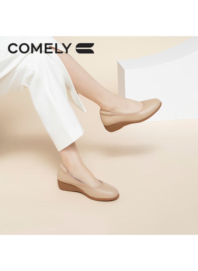 Comely Soft Cowhide Flats For Women, Spring Round Toe Comfortable Flat Shoes, Soft Sole Versatile Commuter Mom Shoes, Apricot Color, Size 36 - Image 3