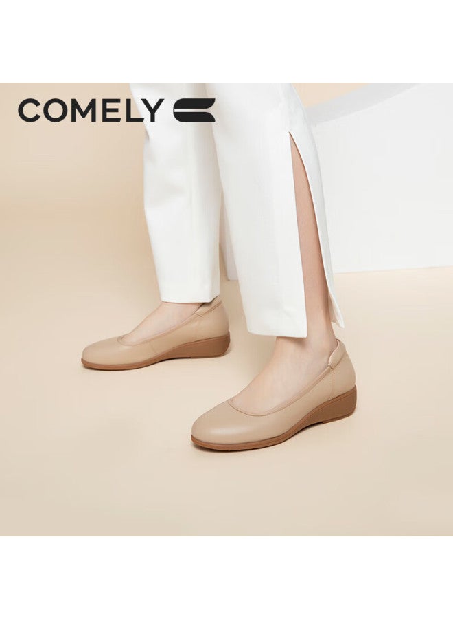 Comely Soft Cowhide Flats For Women, Spring Round Toe Comfortable Flat Shoes, Soft Sole Versatile Commuter Mom Shoes, Apricot Color, Size 36 - Image 2