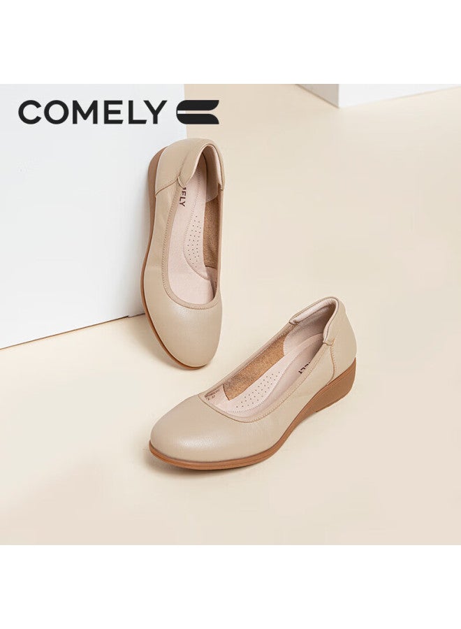 Comely Soft Cowhide Flats For Women, Spring Round Toe Comfortable Flat Shoes, Soft Sole Versatile Commuter Mom Shoes, Apricot Color, Size 36 - Image 5