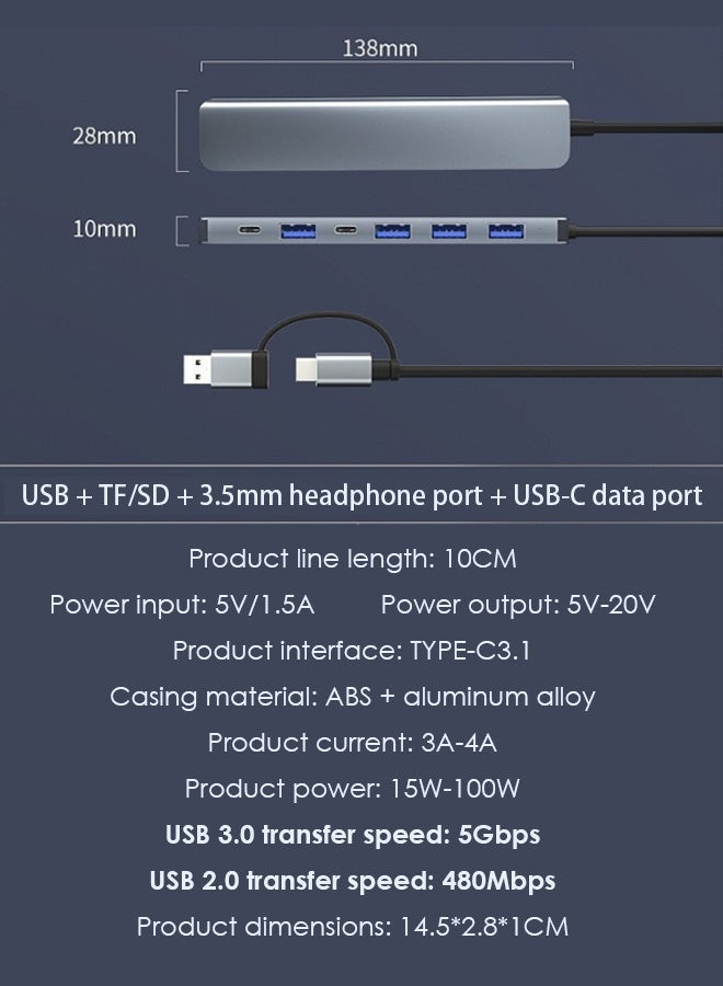 Purrhappy 8-in-1 USB C (USB 3.0 + 3*USB 2.0 + TF/SD + 3.5mm Headphone Port + USB-C Data Port) - High-Speed Data Transfer, Peripheral Expansion, Compatible with MacBook Pro/Air, Lenovo, Dell for Office/Entertainment/Home/Work/Study Silver - Image 3