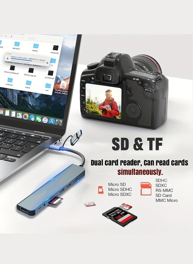 Purrhappy 8-in-1 USB C (USB 3.0 + 3*USB 2.0 + TF/SD + 3.5mm Headphone Port + USB-C Data Port) - High-Speed Data Transfer, Peripheral Expansion, Compatible with MacBook Pro/Air, Lenovo, Dell for Office/Entertainment/Home/Work/Study Silver - Image 5