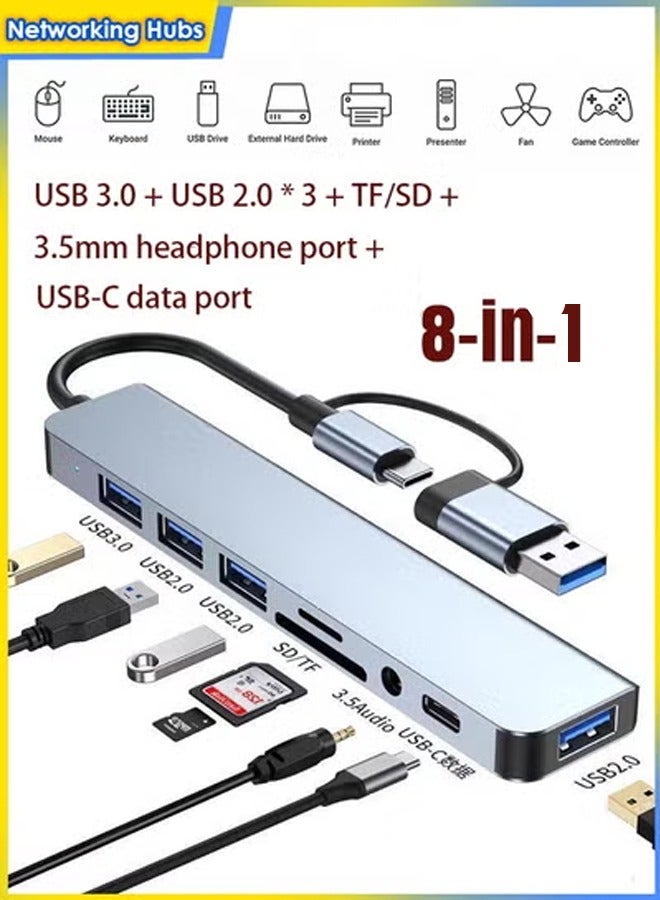 Purrhappy 8-in-1 USB C (USB 3.0 + 3*USB 2.0 + TF/SD + 3.5mm Headphone Port + USB-C Data Port) - High-Speed Data Transfer, Peripheral Expansion, Compatible with MacBook Pro/Air, Lenovo, Dell for Office/Entertainment/Home/Work/Study Silver - Image 2