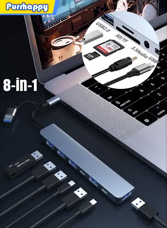 Purrhappy 8-in-1 USB C (USB 3.0 + 3*USB 2.0 + TF/SD + 3.5mm Headphone Port + USB-C Data Port) - High-Speed Data Transfer, Peripheral Expansion, Compatible with MacBook Pro/Air, Lenovo, Dell for Office/Entertainment/Home/Work/Study Silver - Image 1