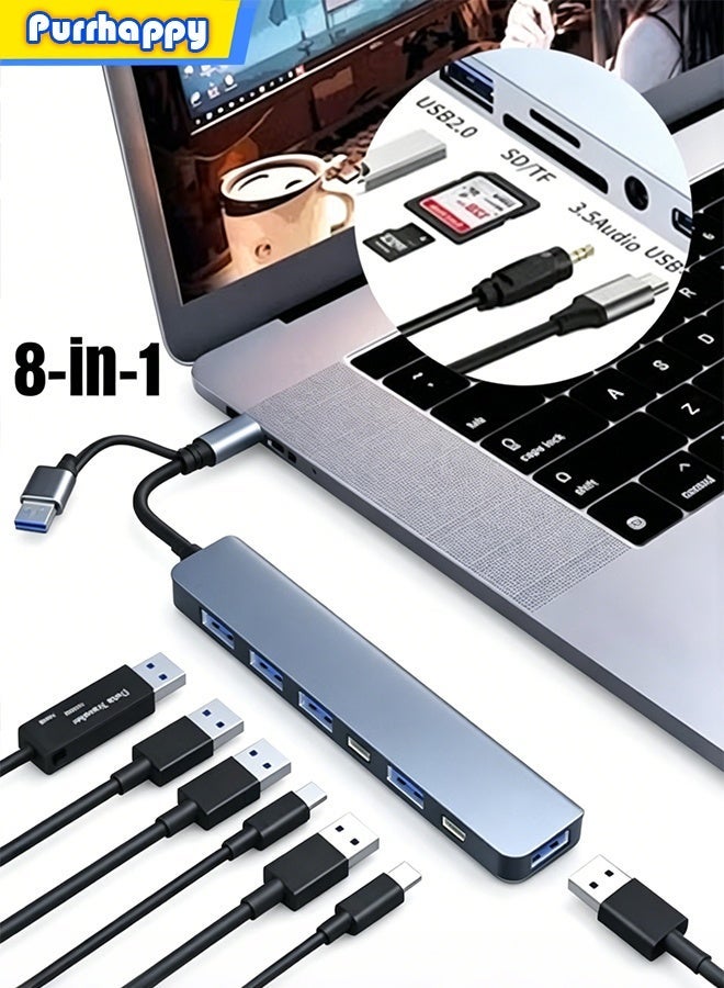 Purrhappy 8-in-1 USB C (USB 3.0 + 3*USB 2.0 + TF/SD + 3.5mm Headphone Port + USB-C Data Port) - High-Speed Data Transfer, Peripheral Expansion, Compatible with MacBook Pro/Air, Lenovo, Dell for Office/Entertainment/Home/Work/Study Silver - Image 1