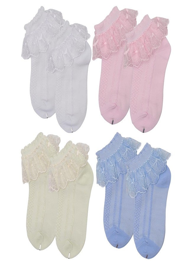 heartbury Cute and Colorful 100% Pure Cotton Baby Girls Frilly/Lace Socks For Girls-(Age 1-6Years) (4 Colors, 3-4Years) - Image 1
