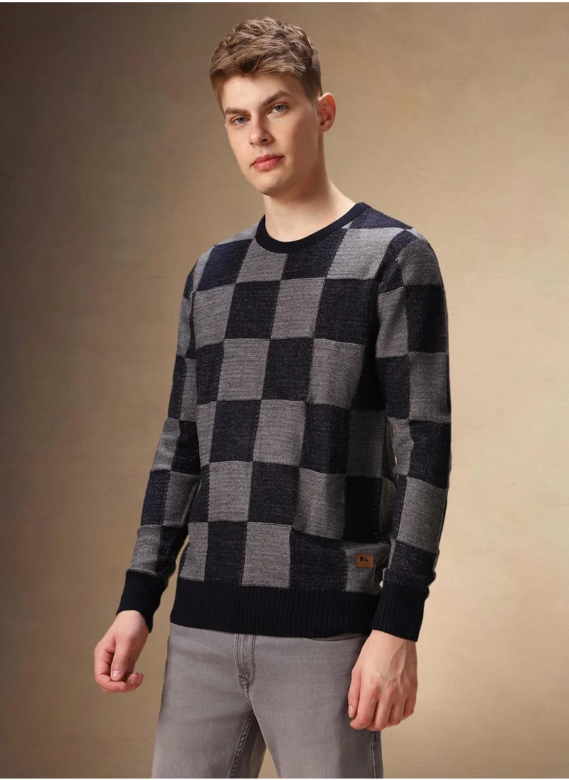 دينيس لينغو Men's Grey Melange 100% Acrylic Checkered Regular Fit Sweater