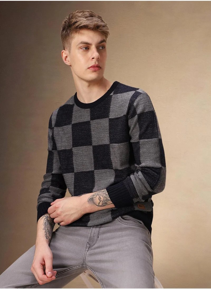 دينيس لينغو Men's Grey Melange 100% Acrylic Checkered Regular Fit Sweater