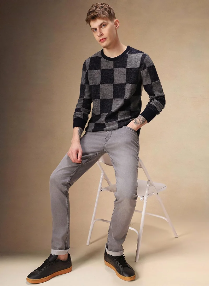 Dennis Lingo Men's Grey Melange 100% Acrylic Checkered Regular Fit Sweater