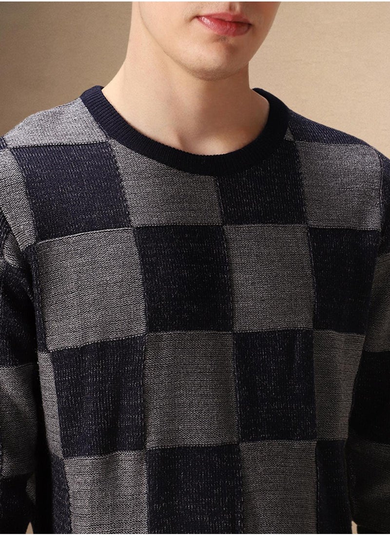 Dennis Lingo Men's Grey Melange 100% Acrylic Checkered Regular Fit Sweater  - Image 4