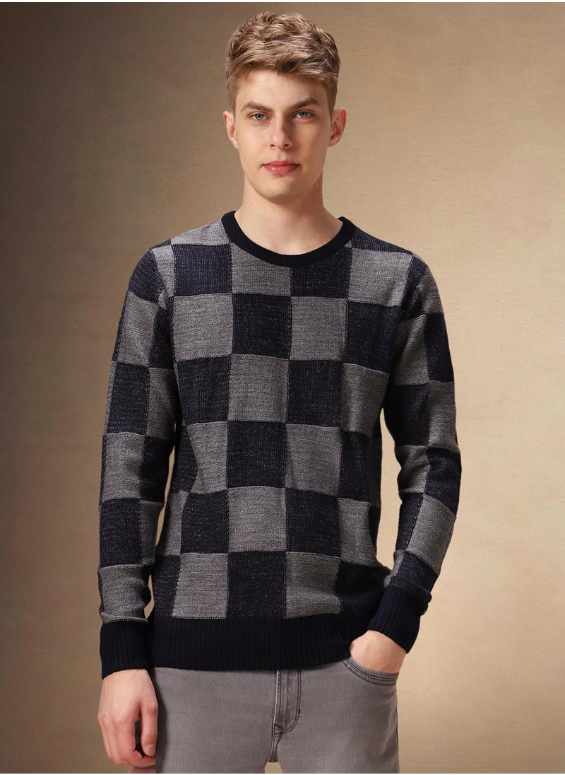 Men's Grey Melange 100% Acrylic Checkered Regular Fit Sweater