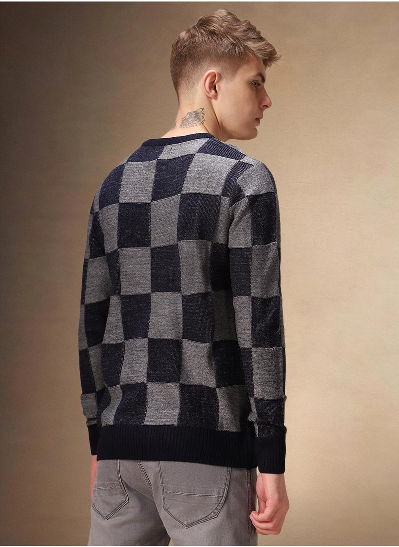 Dennis Lingo Men's Grey Melange 100% Acrylic Checkered Regular Fit Sweater  - Image 3