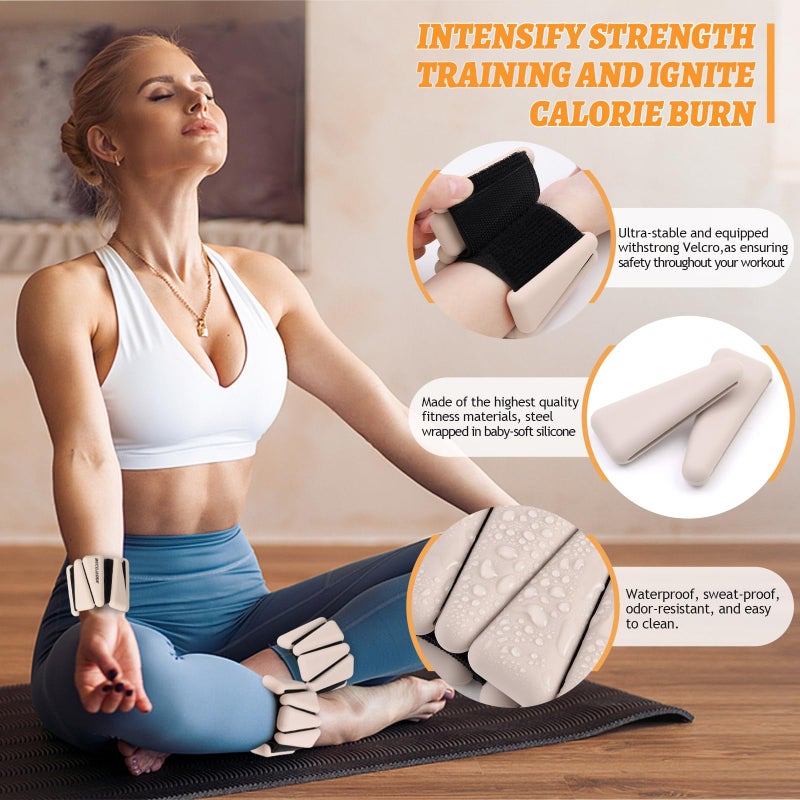 BECOJADDE Ankle Weights Set of 2 (1 lb Each) Adjustable Wrist Weights for Women Men Wearable Arm Leg Weight for Pilates, Running, Walking, Workout, Yoga, Beige - Image 3