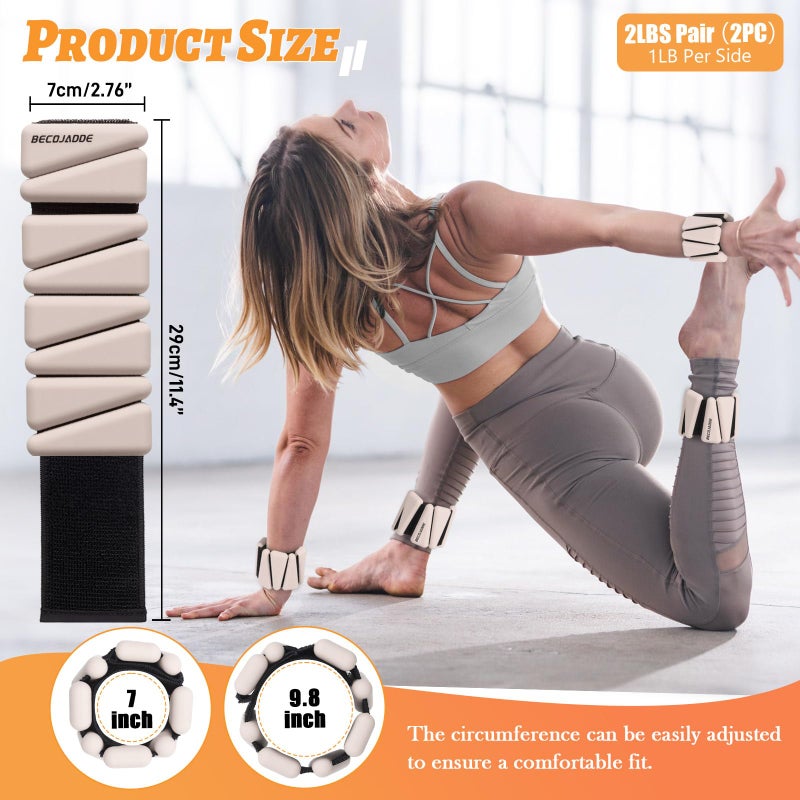 BECOJADDE Ankle Weights Set of 2 (1 lb Each) Adjustable Wrist Weights for Women Men Wearable Arm Leg Weight for Pilates, Running, Walking, Workout, Yoga, Beige - Image 4