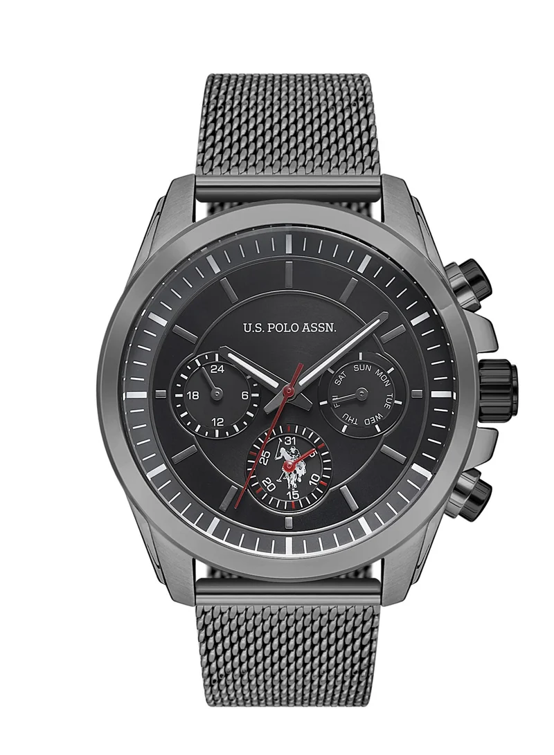 U.S. Polo Assn. USPA Analog Watch For Men With Gun Dial And Black Stainless Steel Mesh Band 45 MM- 5 Atm Water Resistance - USPA1028-03