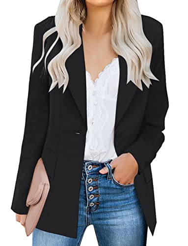 luvamia Women's Long Blazer Jacket Casual Notched Lapel One Button Work Office Blazer Jacket Suit Black Size Large (Fits US 12-14) - Image 1