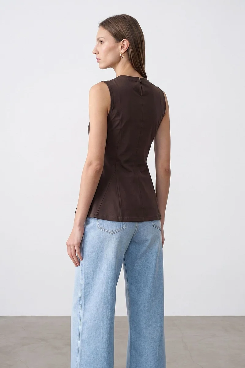Dilvin Coffee Brown DILVIN Fitted Cotton Poplin Cut-out Shell Top for Women | Best Price UAE
