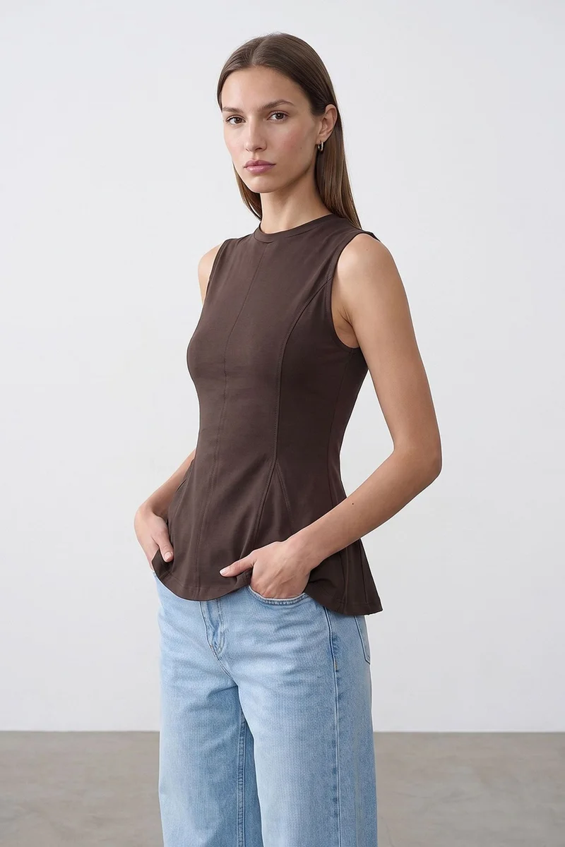 Dilvin Coffee Brown DILVIN Fitted Cotton Poplin Cut-out Shell Top for Women | Best Price UAE