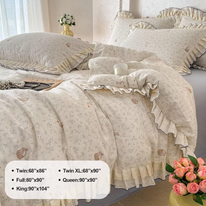 AMZTOP Blue Beige Floral Rabbit Duvet Cover Queen Size with 2 Pillowcases,100 Cotton Muslin Gauze Bed Set for Baby Kids,Lightweight Breathable Lace Ruffle Duvet Covers Teen Girls Queen 90"Ã—90" - Image 3