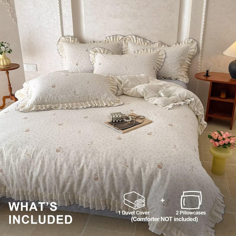 AMZTOP Blue Beige Floral Rabbit Duvet Cover Queen Size with 2 Pillowcases,100 Cotton Muslin Gauze Bed Set for Baby Kids,Lightweight Breathable Lace Ruffle Duvet Covers Teen Girls Queen 90"Ã—90" - Image 4