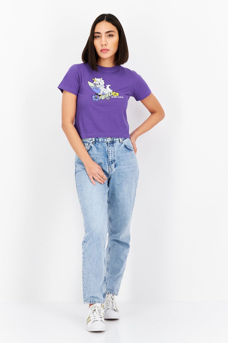 Misfit Women Crew Neck Short Sleeves Printed Cropped Top, Purple - Image 2