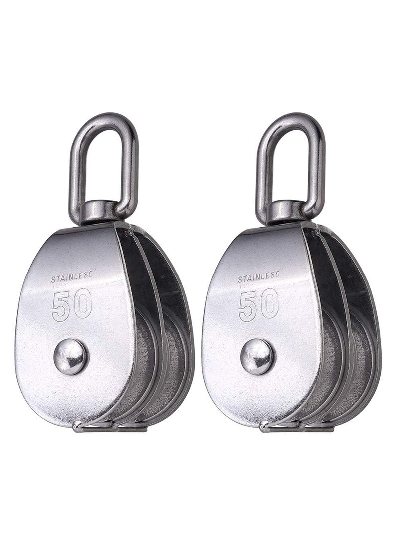 Generic 2 Pack M50 Lifting Double Pulley Block 304 Stainless Steel Crane Swivel Hook Double Pulley Roller Loading  - Image 1