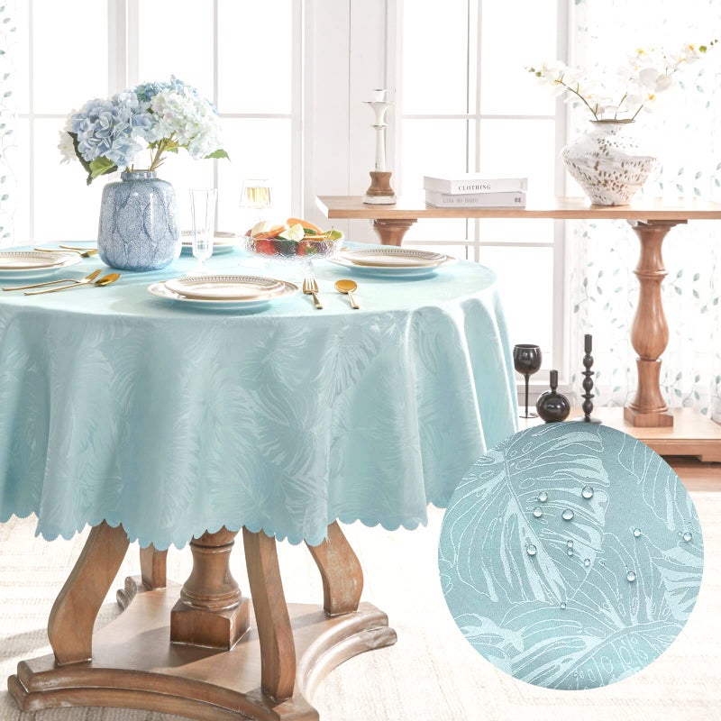 EFFICINATURE Table Cloth Blue Round Tablecloth 60 Inch Leaves Pattern Scalloped Edge Silky Soft Waterproof Wrinkle Resistant Washable Circle Table Cover for Kitchen Dining Party Banquet Patio Decor