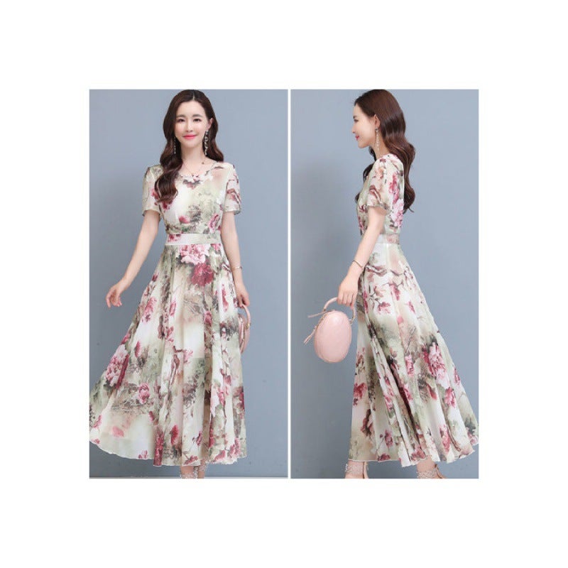 New Elegant Floral Fashion dress Womens Summer Fashion Belly Covering Slimming Long Dress Beach Dress 2023 Short Sleeve Apricot - Image 1