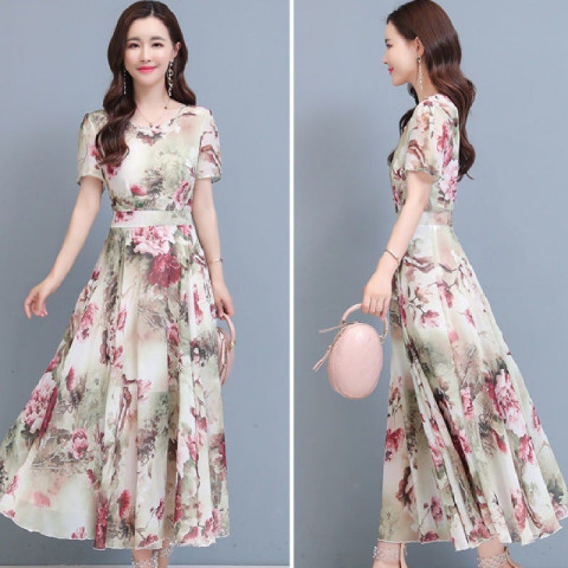 New Elegant Floral Fashion dress Womens Summer Fashion Belly Covering Slimming Long Dress Beach Dress 2023 Short Sleeve Apricot - Image 2