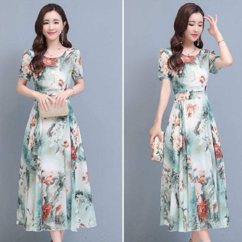 New Elegant Floral Fashion dress Womens Summer Fashion Belly Covering Slimming Long Dress Beach Dress 2023 Short Sleeve Apricot - Image 3