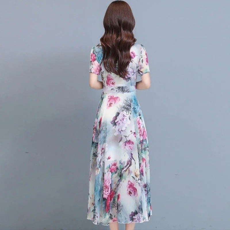 New Elegant Floral Fashion dress Womens Summer Fashion Belly Covering Slimming Long Dress Beach Dress 2023 Short Sleeve Apricot - Image 5