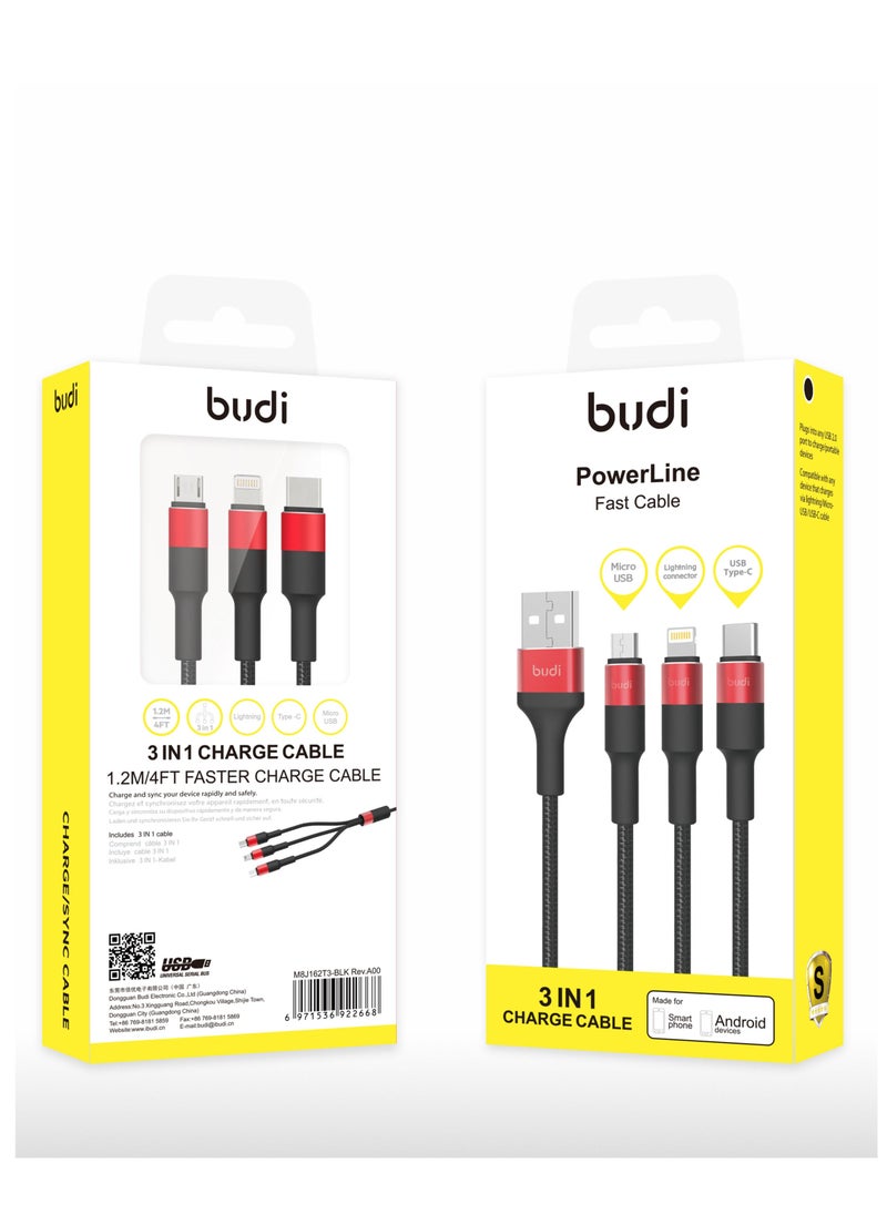 budi 3 in 1 Power Line Fast Charge Cable 1.2m  - Image 3
