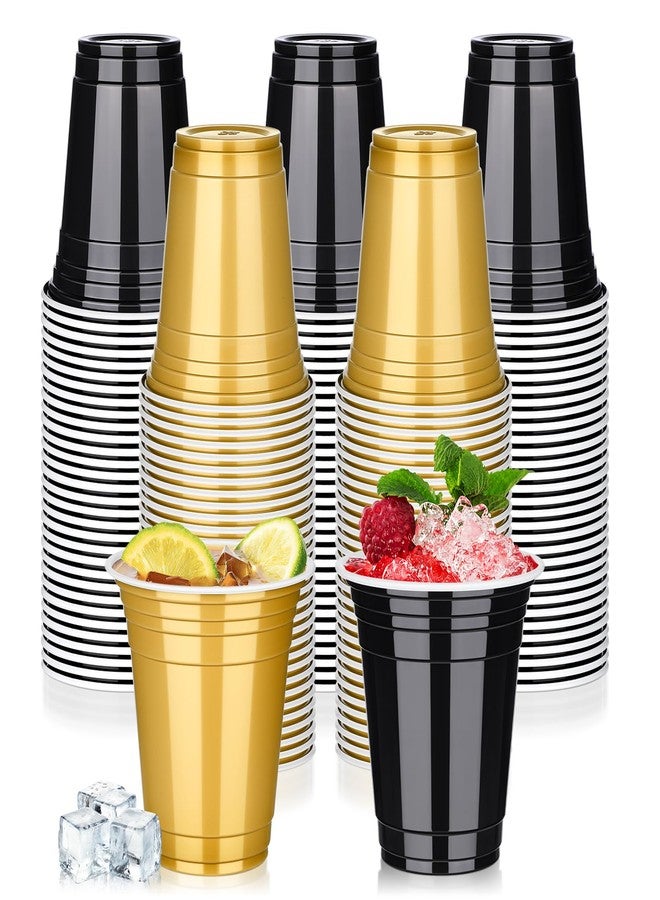tchrules 100PCS 12oz Plastic Cups for Party, Disposable Black and Gold Graduation Cups Bulk, Black & Gold Plastic Drinking Cup for Halloween Christmas Wedding Birthday Picnic Holiday Party Supplies - Image 1