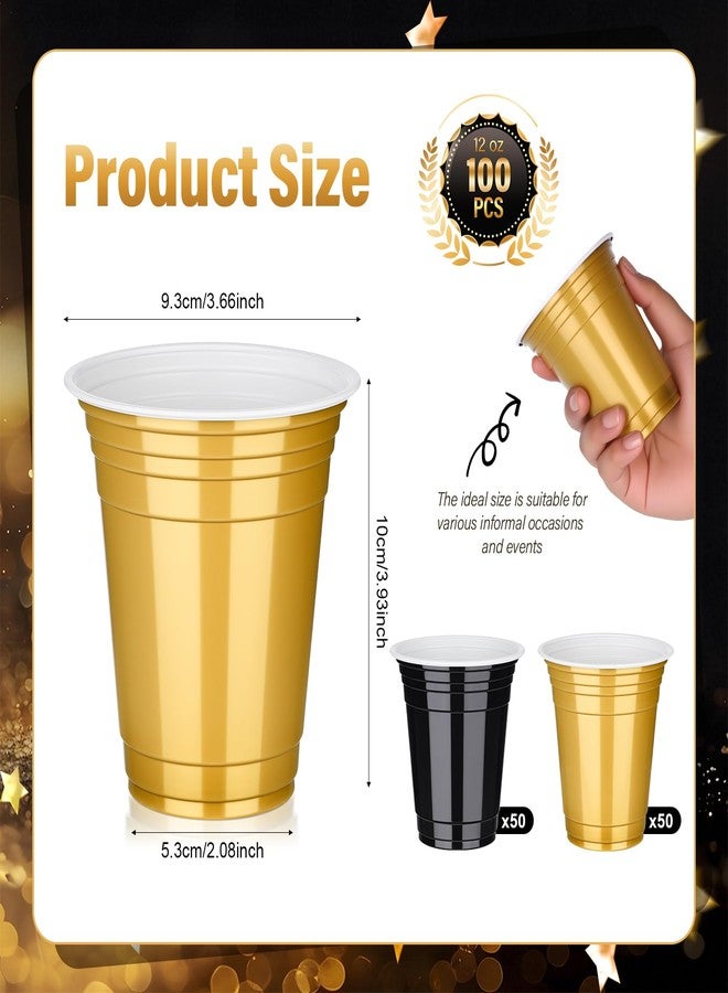 tchrules 100PCS 12oz Plastic Cups for Party, Disposable Black and Gold Graduation Cups Bulk, Black & Gold Plastic Drinking Cup for Halloween Christmas Wedding Birthday Picnic Holiday Party Supplies - Image 2