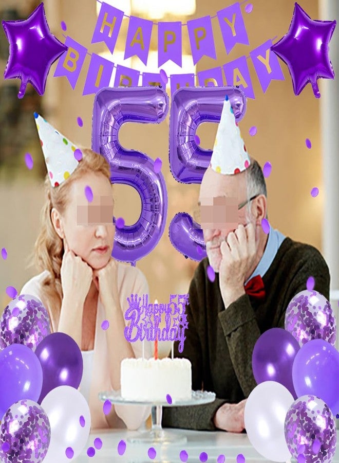 زينة عيد ميلاد 55، لافتة عيد ميلاد سعيد، بالونات، زينة كب كيك، بالون هيليوم بنفسجي رقم 55، زينة عيد ميلاد للنساء والرجال في سن 55، لوازم حفلات عيد الميلاد، خلفية تصوير - Image 5