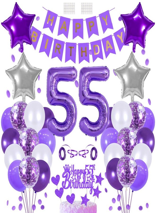 زينة عيد ميلاد 55، لافتة عيد ميلاد سعيد، بالونات، زينة كب كيك، بالون هيليوم بنفسجي رقم 55، زينة عيد ميلاد للنساء والرجال في سن 55، لوازم حفلات عيد الميلاد، خلفية تصوير - Image 1